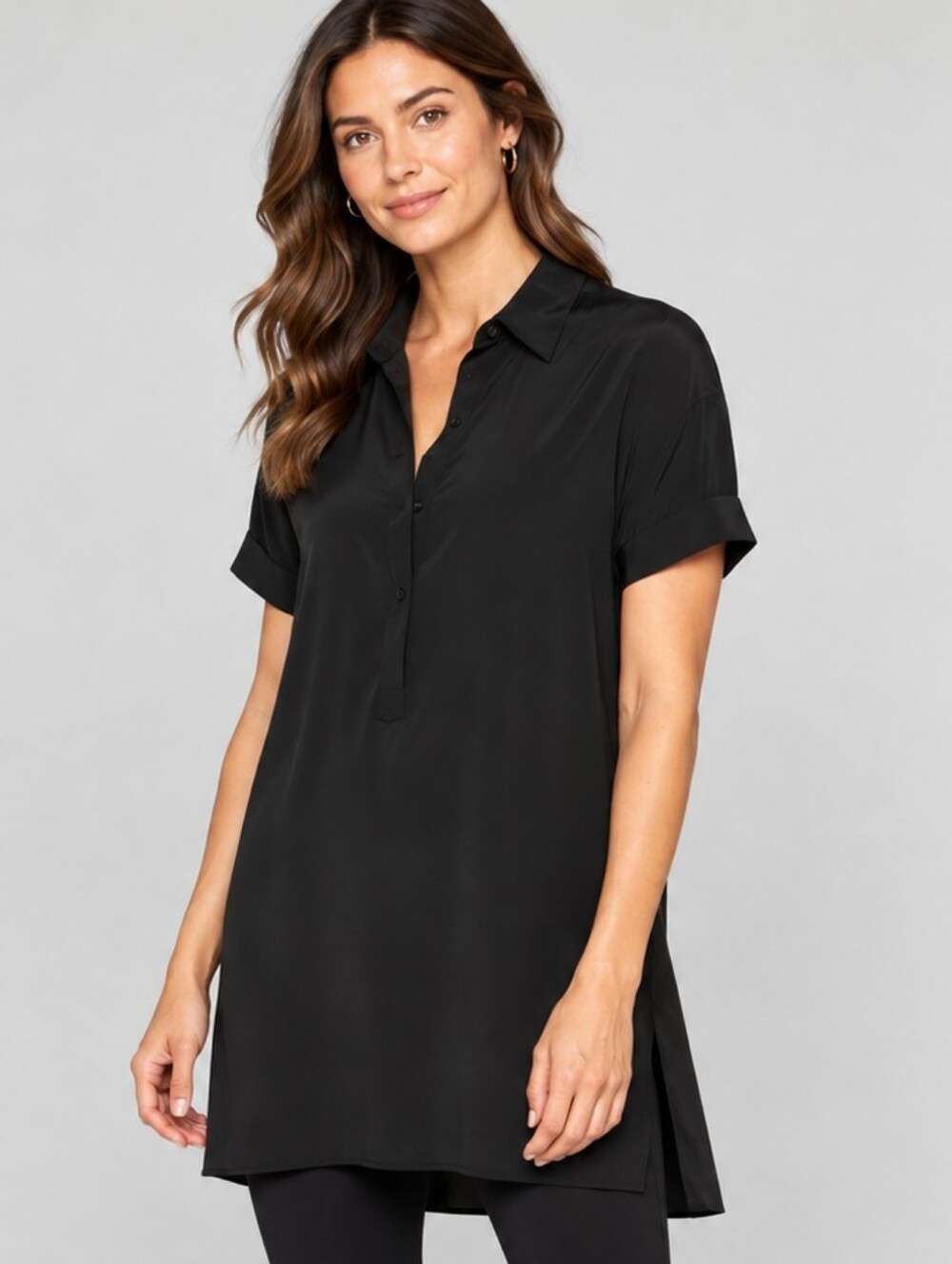 ❤️ ATHLETA WASHABLE SILK POPVER TUNIC TOP, BLACK, XS